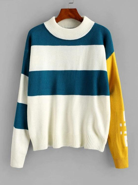 Mock Neck Colorblock Stripes Sweater for Women