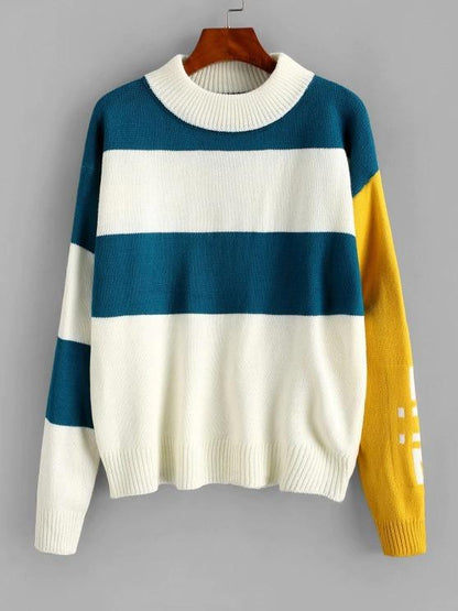 Mock Neck Colorblock Stripes Sweater - LuckyFash™