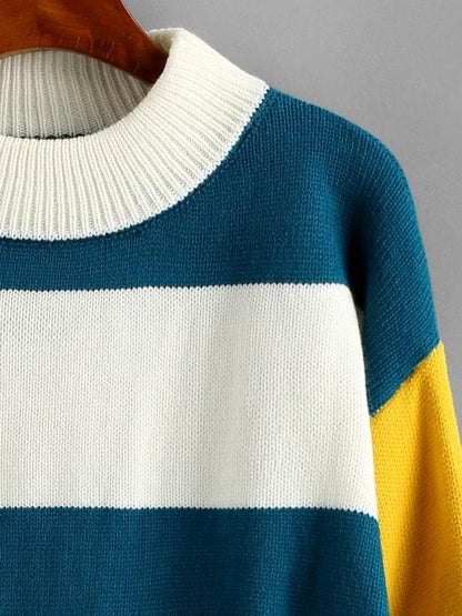 Mock Neck Colorblock Stripes Sweater - LuckyFash™