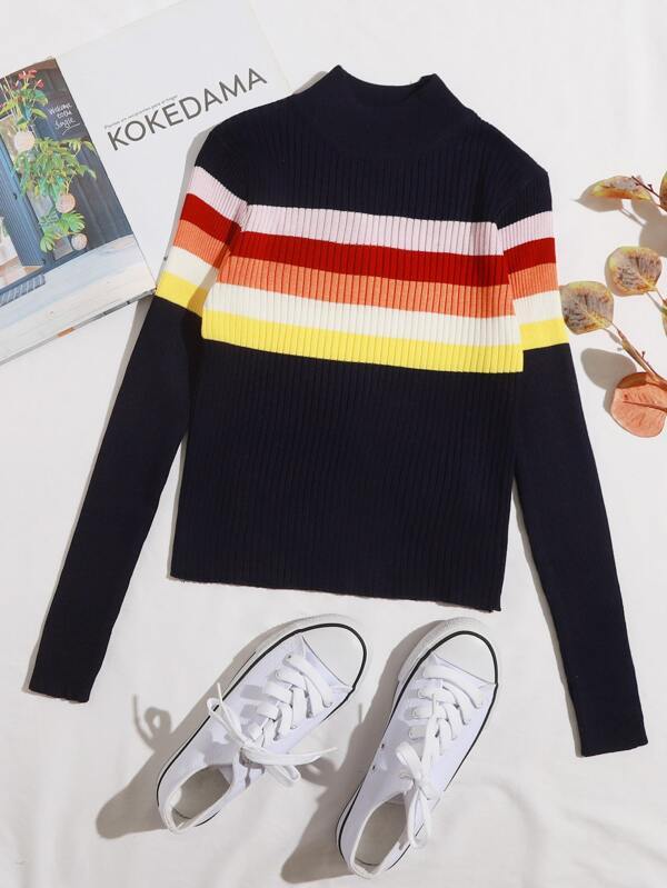 Mock Neck Colorful Striped Ribbed Knit Sweater - LuckyFash™