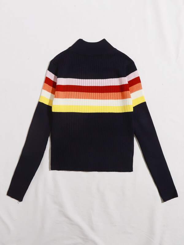 Mock Neck Colorful Striped Ribbed Knit Sweater - LuckyFash™