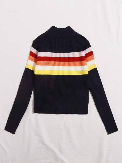 Mock Neck Colorful Striped Ribbed Knit Sweater - LuckyFash™