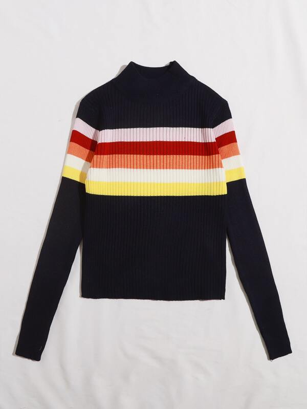 Mock Neck Colorful Striped Ribbed Knit Sweater - LuckyFash™