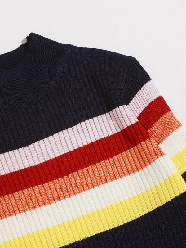 Mock Neck Colorful Striped Ribbed Knit Sweater - LuckyFash™