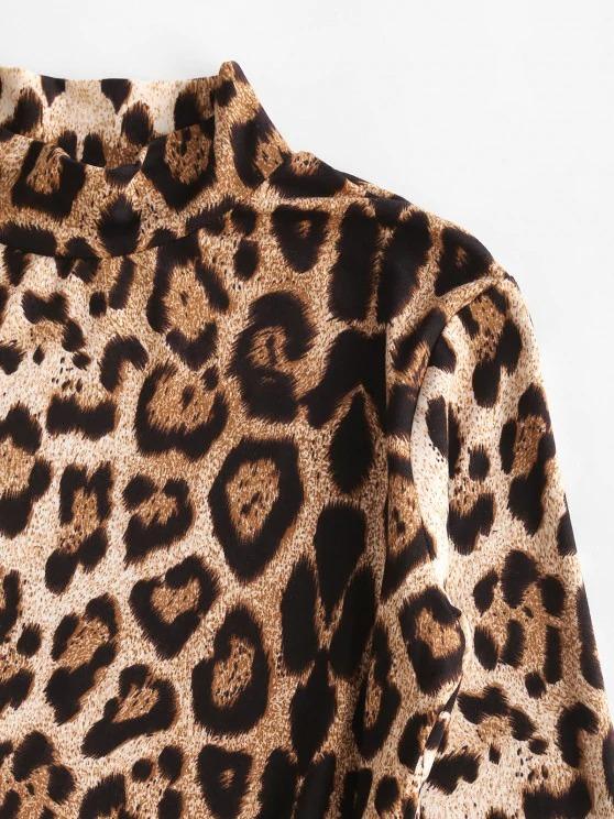 Mock Neck Leopard Snap Crotch Long Sleeve Bodysuit - LuckyFash™