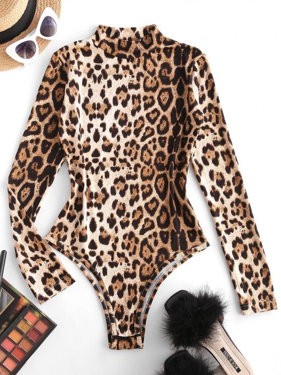 Mock Neck Leopard Snap Crotch Long Sleeve Bodysuit for Women