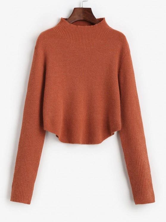 Mock Neck Ribbed Curved Hem Sweater - LuckyFash™