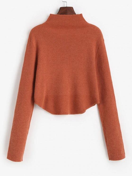 Mock Neck Ribbed Curved Hem Sweater - LuckyFash™