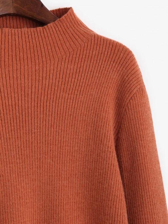 Mock Neck Ribbed Curved Hem Sweater - LuckyFash™