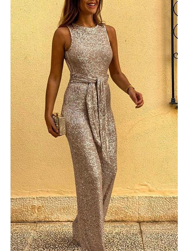 Women's Jumpsuit Backless Sequin Solid Color Crew Neck Elegant Party Prom Regular Fit Sleeveless Black Pink Wine S M L Summer - LuckyFash™