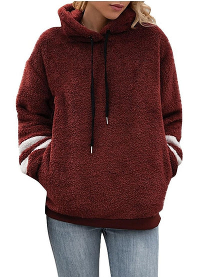 Pullover Hoodie Sweatshirt Pullover Active Streetwear Sherpa Fleece Front Pocket Black Wine Blue Plain Daily Hooded Long Sleeve Fleece for Women