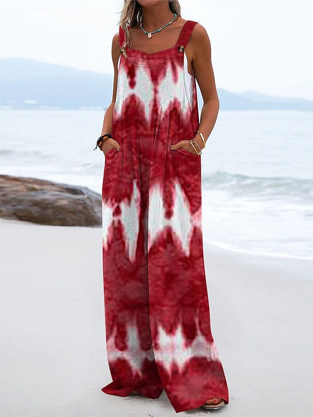 Women's Jumpsuit Button Print Tie Dye Square Neck Streetwear Daily Vacation Wide Leg Loose Fit Sleeveless Black Wine Red S M L Summer - LuckyFash™