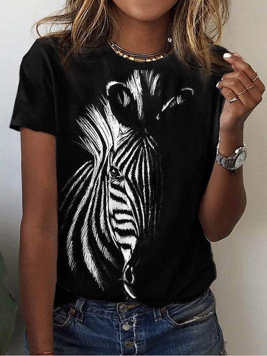 T shirt Tee Black Zebra Print Short Sleeve Casual Weekend Basic Round Neck Regular Painting S for Women