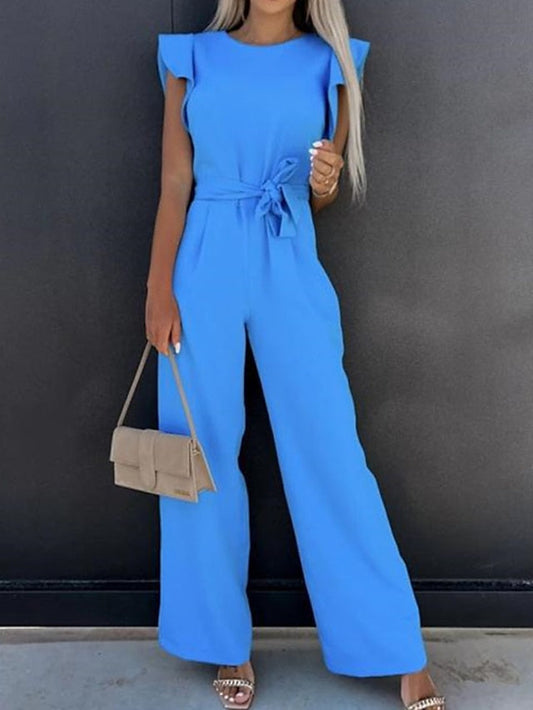 Women's Jumpsuit Lace Up Ruffle Solid Color Round Neck Elegant Party Going Out Regular Fit Short Sleeve White Blue Pink