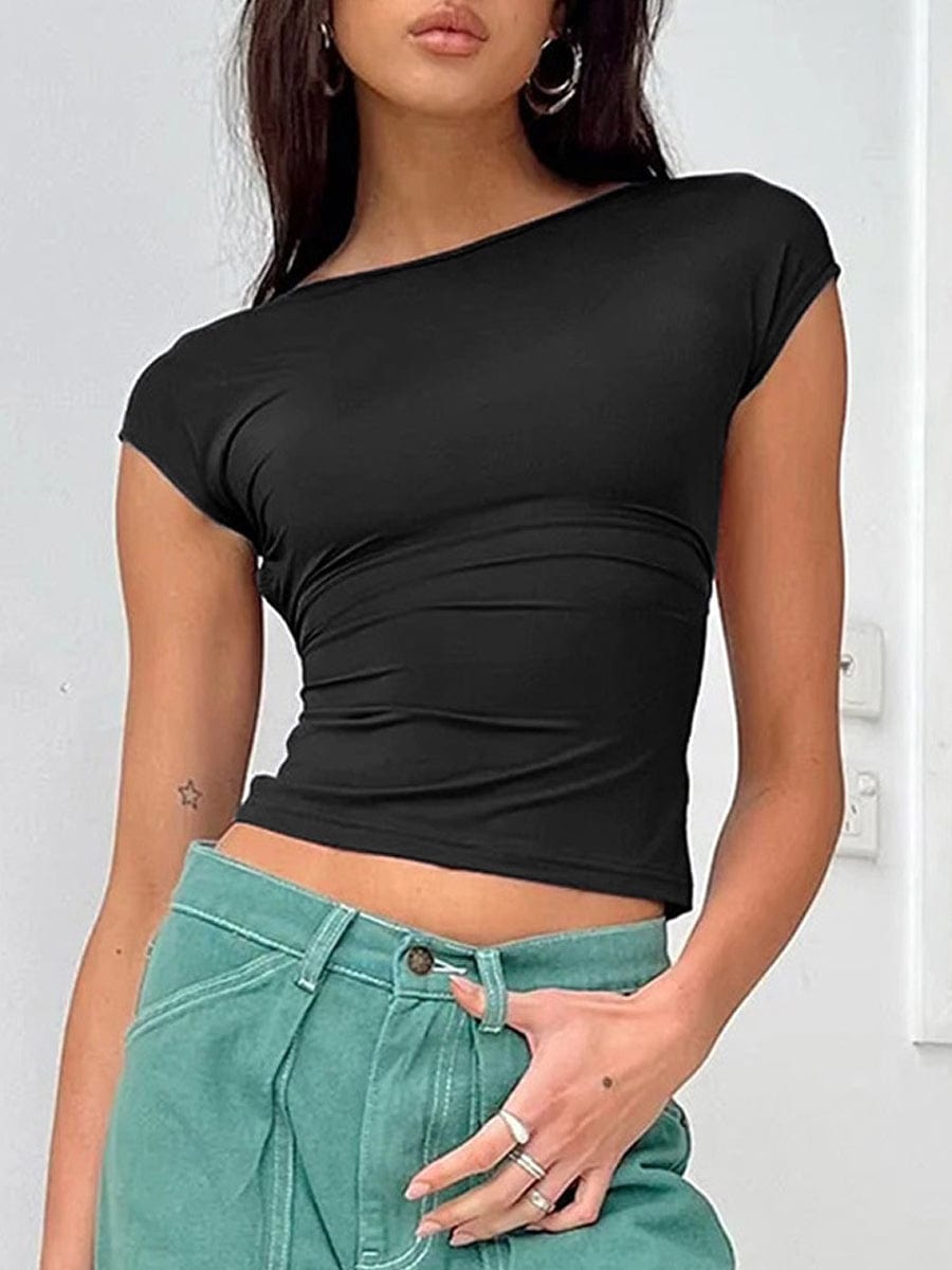 Breathable Sexy Backless Short Sleeve T-Shirt TSH2306050184BLAXS Black / XS