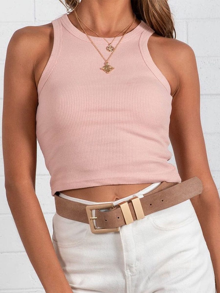 Casual Basic Sleeveless High Neck Rib-Knit Y2k Crop Tank Top TAN2308020049PINS Pink / 2(S)