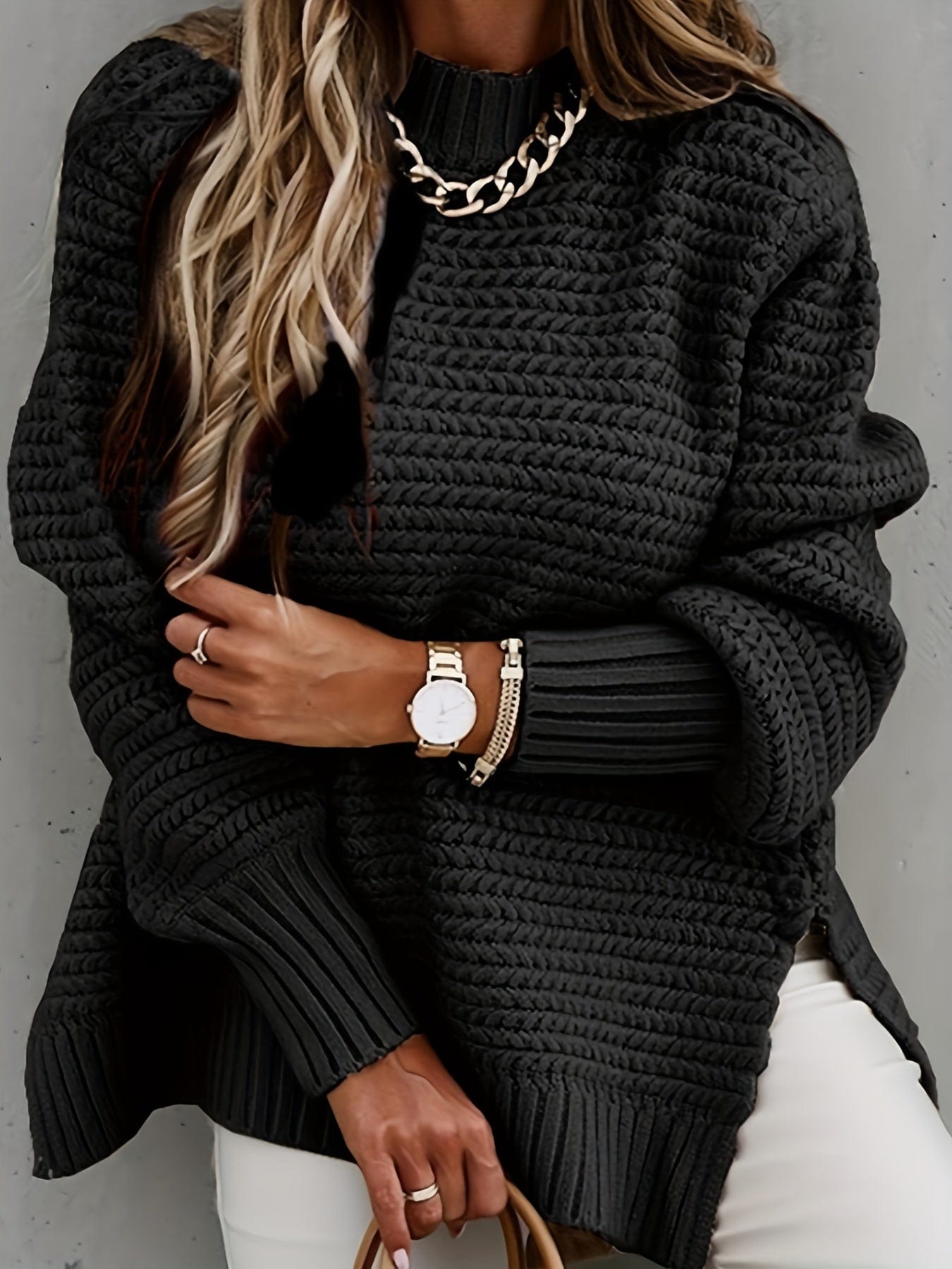 Casual Chunky Knit Mock Neck  Long Sleeve Split Pullover Sweater SWE231012221BLAS(4) Black / S(4)