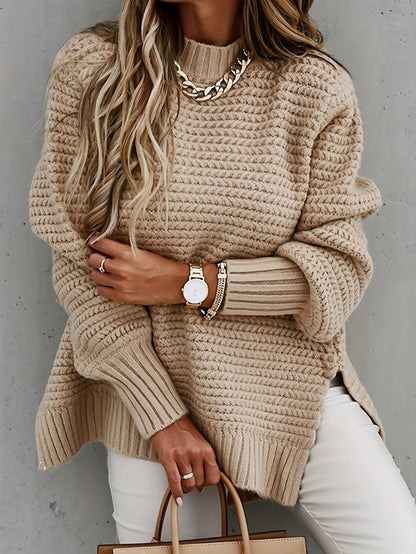 Casual Chunky Knit Mock Neck  Long Sleeve Split Pullover Sweater SWE231012221BEIS(4) Beige / S(4)