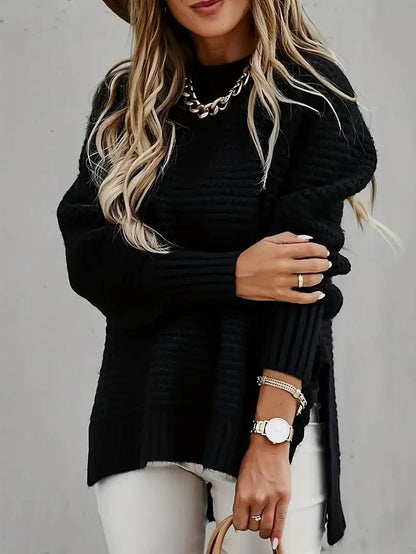 Casual Chunky Knit Mock Neck  Long Sleeve Split Pullover Sweater