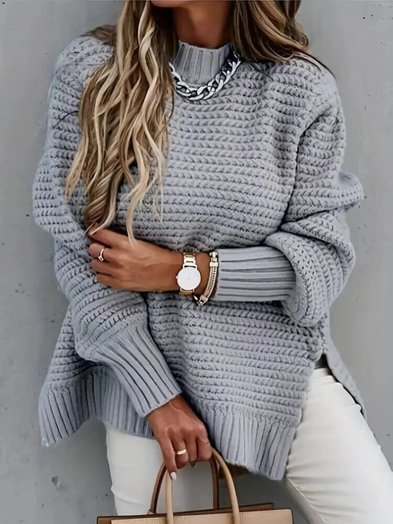 Casual Chunky Knit Mock Neck  Long Sleeve Split Pullover Sweater SWE231012221GRYS(4) Gray / S(4)