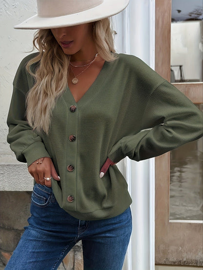 Casual Drop Shoulder V-Neck Long Sleeve Button Sweater