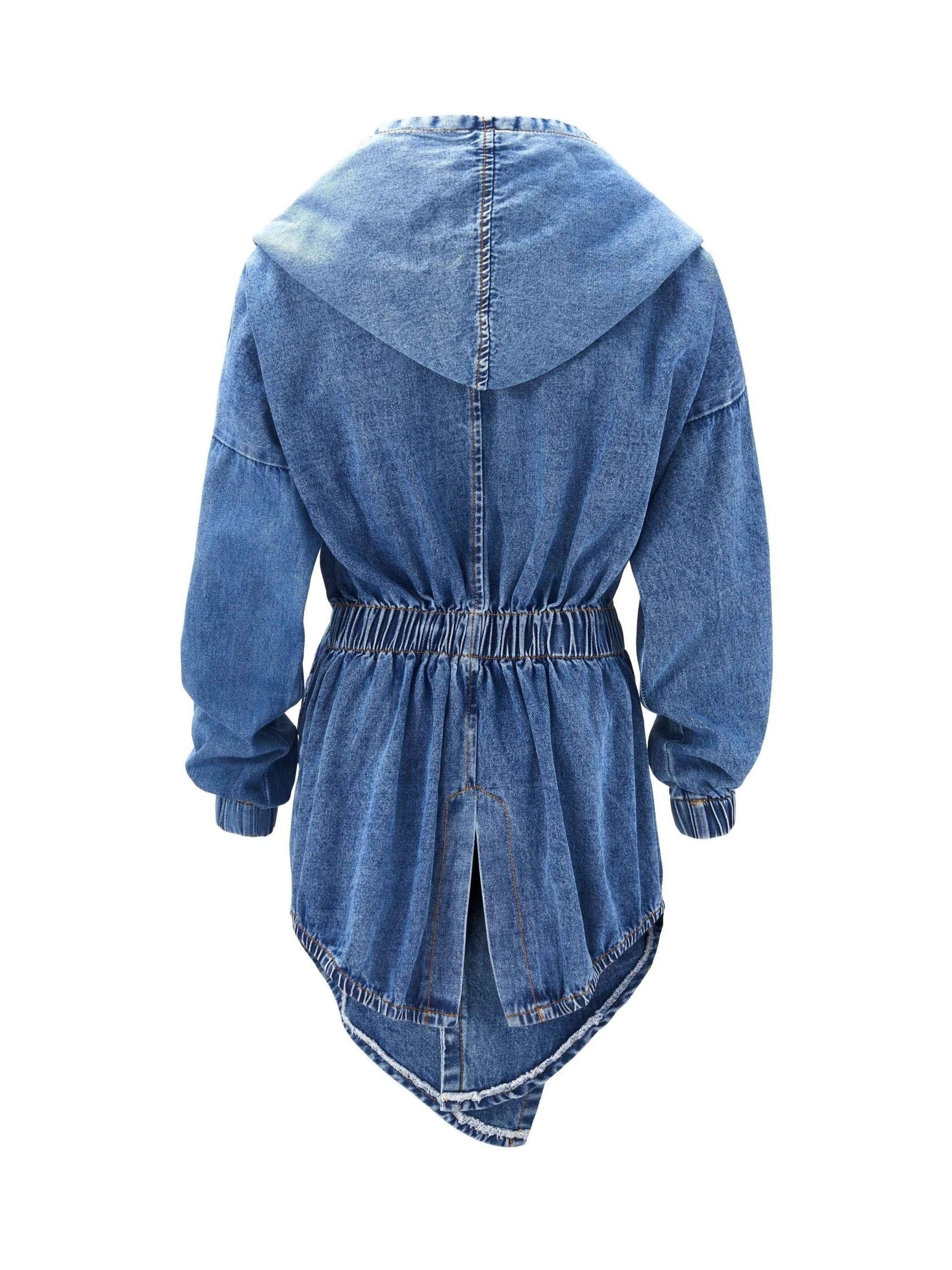 Casual Elastic Belt Cuffed Sleeve Denim Hooded Jackets JAC231012067BLUONESIZE Blue / One Size