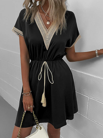 Casual Holiday Lace Stitching Waist V Neck Mini Dress DRE2304130176BLAS Black / 2 (S)