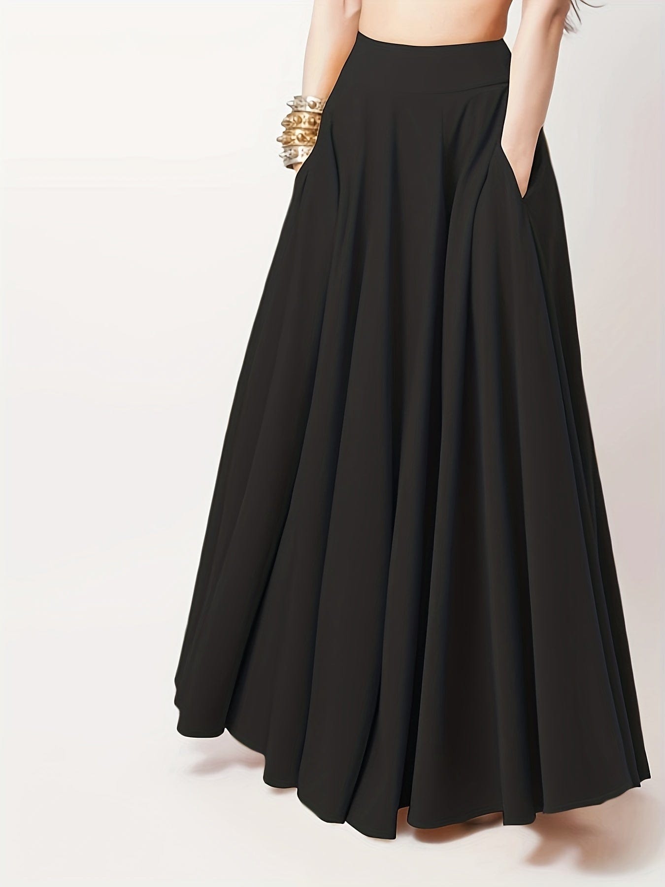 Casual Pleated Pockets High Waist Loose Maxi Dress DRE231012116BLAS(4) Black / S(4)