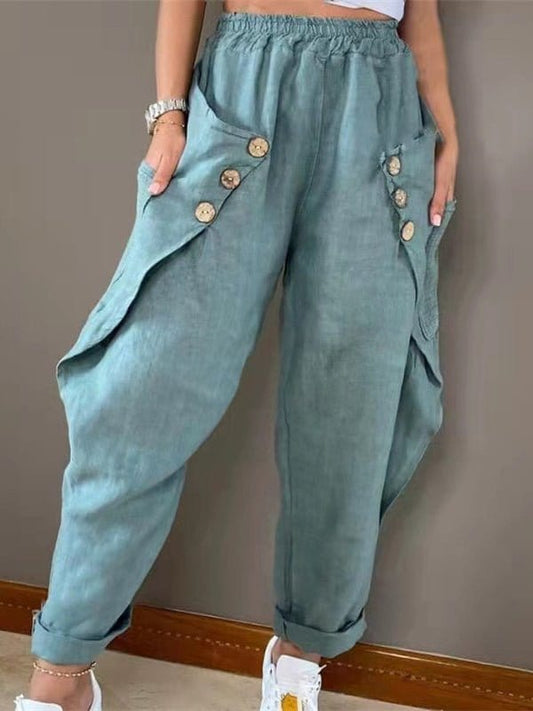 Casual Pocket Button Elastic Waist Pant PAN2204261227BLUS Blue / 2 (S)