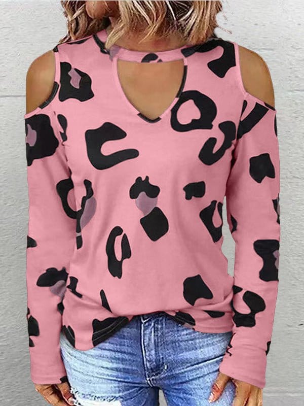 Casual Printed Off Shoulder Long Sleeve T-Shirt TSH2209152721PINS Pink / 2 (S)