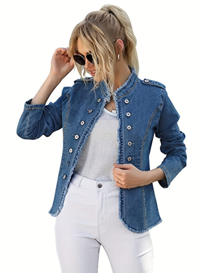 Casual Raw Trim Long Sleeve Single Breasted Button Denim Jacket