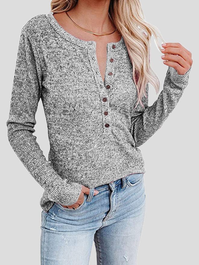 Casual Round Neck Button Long Sleeve T-Shirt TSH2111111988GRES Gray / 2 (S)