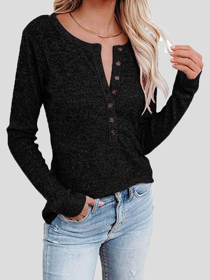 Casual Round Neck Button Long Sleeve T-Shirt TSH2111111988BLAS Black / 2 (S)