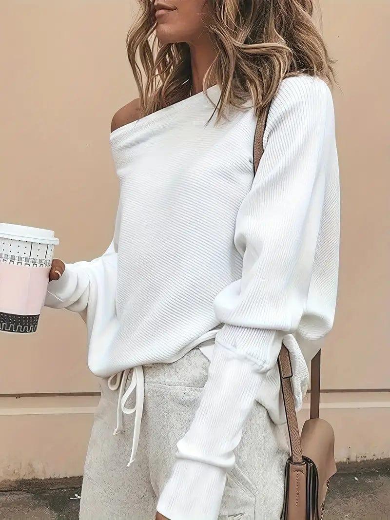 Casual Solid Ribbed Batwing Sleeve One Shoulder T-Shirt
