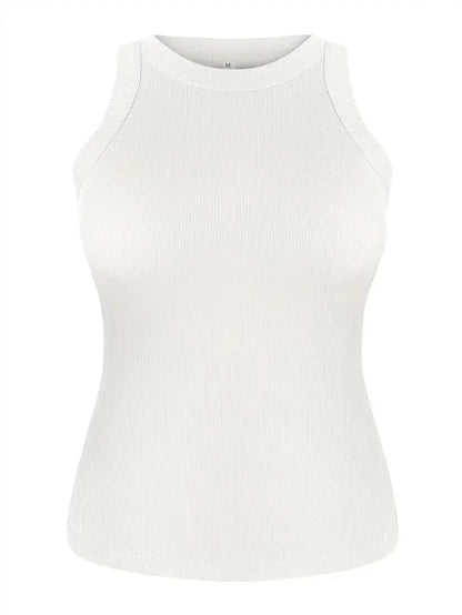 Casual Solid Ribbed Crew Neck Sleeveless Basic Tank Top