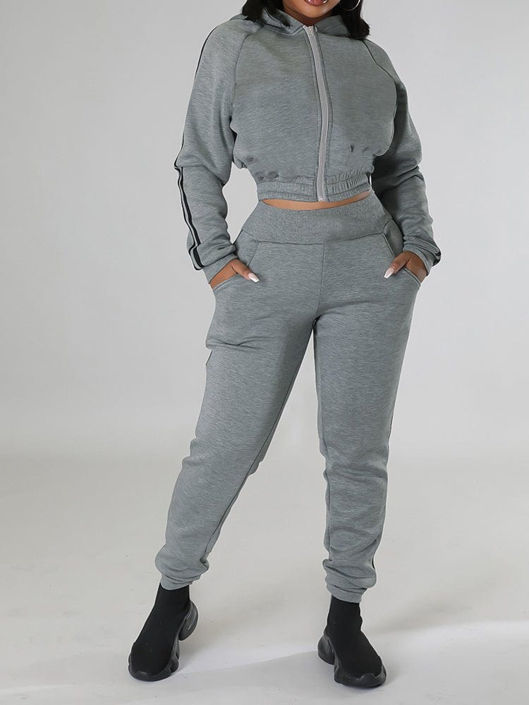 Casual Solid Stripe Hoodie Kinitted Two Piece Set Set2212021796GRYS Gray / 2 (S)