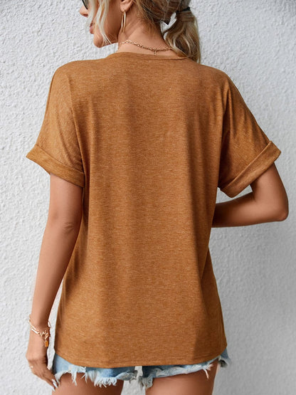 Casual V Neck Button Loose Solid Color T-Shirt