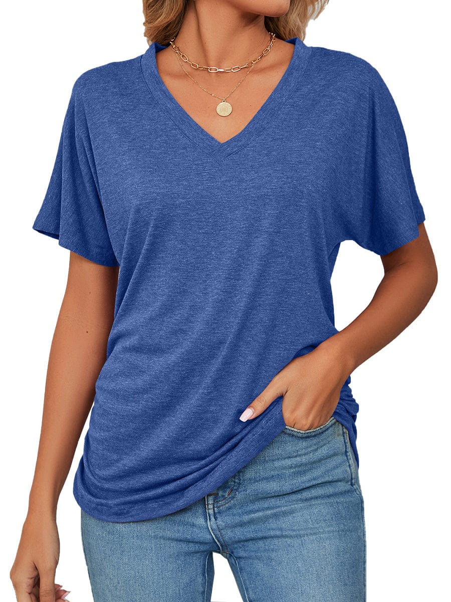 Casual V Neck Short Sleeve Solid Color Basic T-Shirt TSH2308010217BLUS Blue / 2(S)