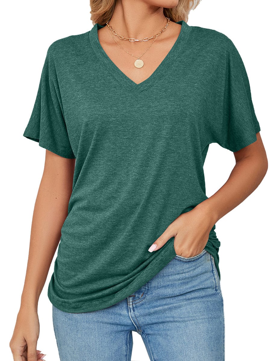 Casual V Neck Short Sleeve Solid Color Basic T-Shirt TSH2308010217DGRS DarkGreen / 2(S)