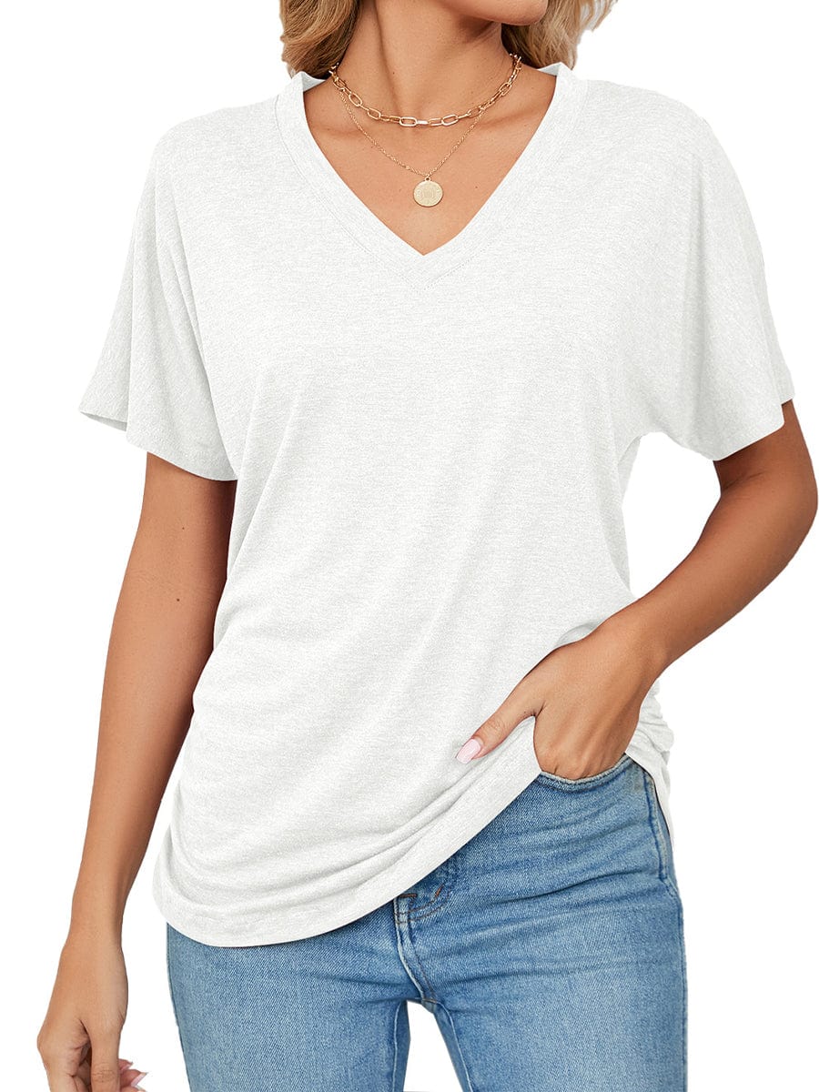 Casual V Neck Short Sleeve Solid Color Basic T-Shirt TSH2308010217WHIS White / 2(S)