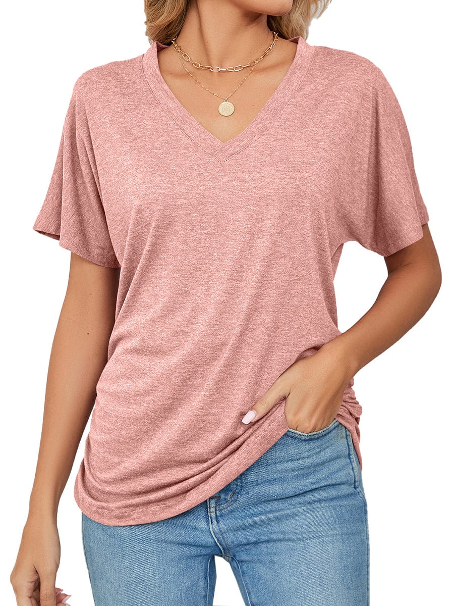 Casual V Neck Short Sleeve Solid Color Basic T-Shirt TSH2308010217PINS Pink / 2(S)