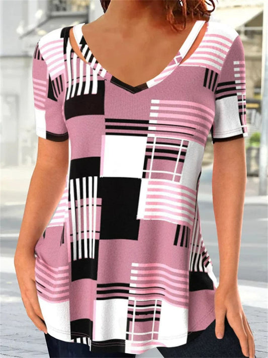 Checker Printed Short-Sleeved Hollowed-Out V-Neck T-Shirt TSH2303080064PINS Pink / 2 (S)