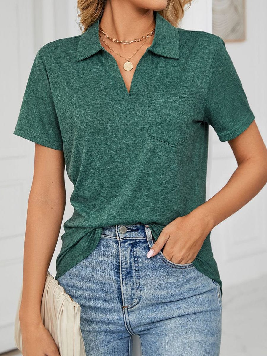 Collared Loose Casual V Neck Short Sleeve T-Shirt TSH2308050227DGRS DarkGreen / 2(S)