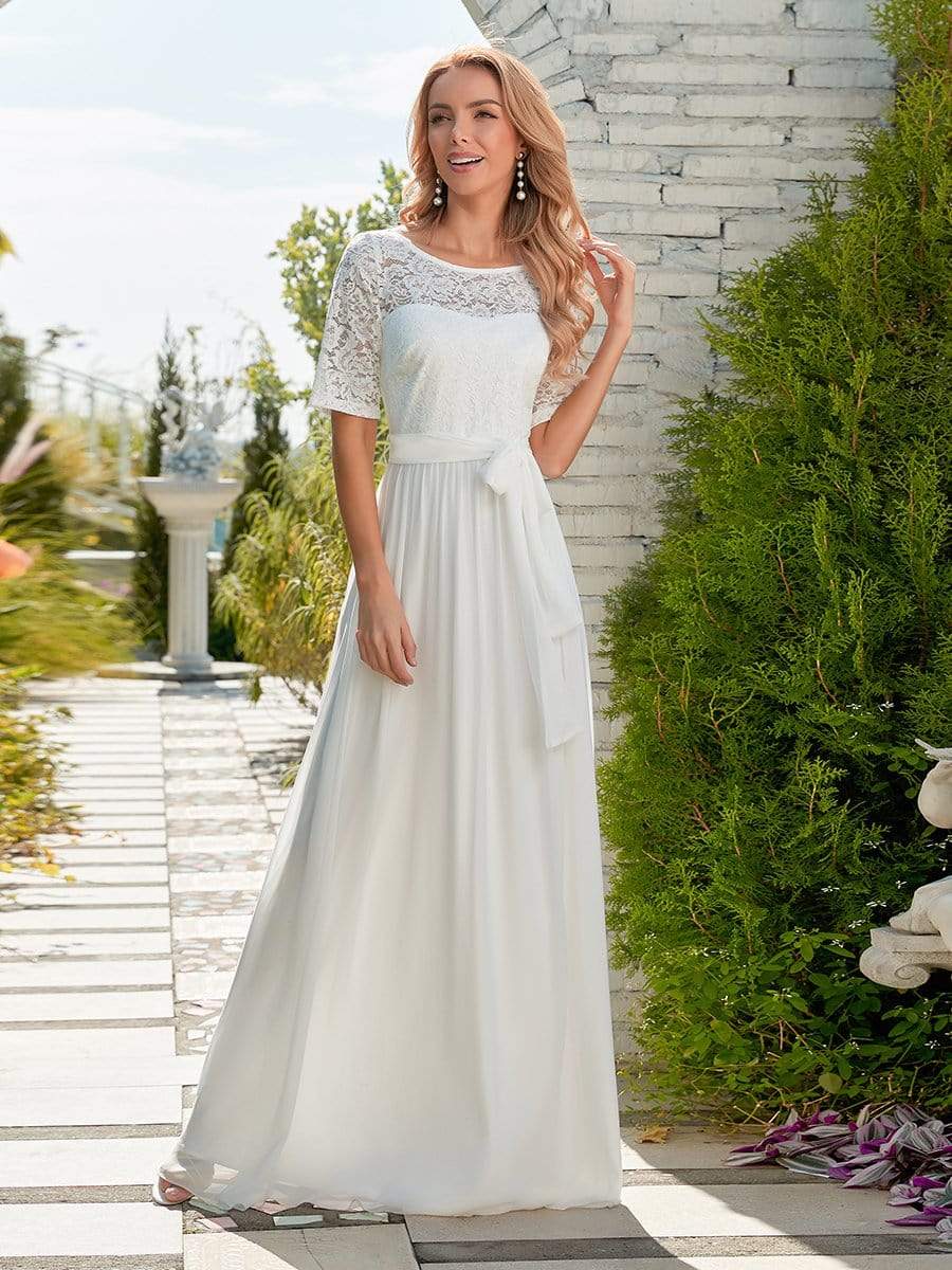 Comfortable Chiffon Wedding Dress With Lace Short Sleeves