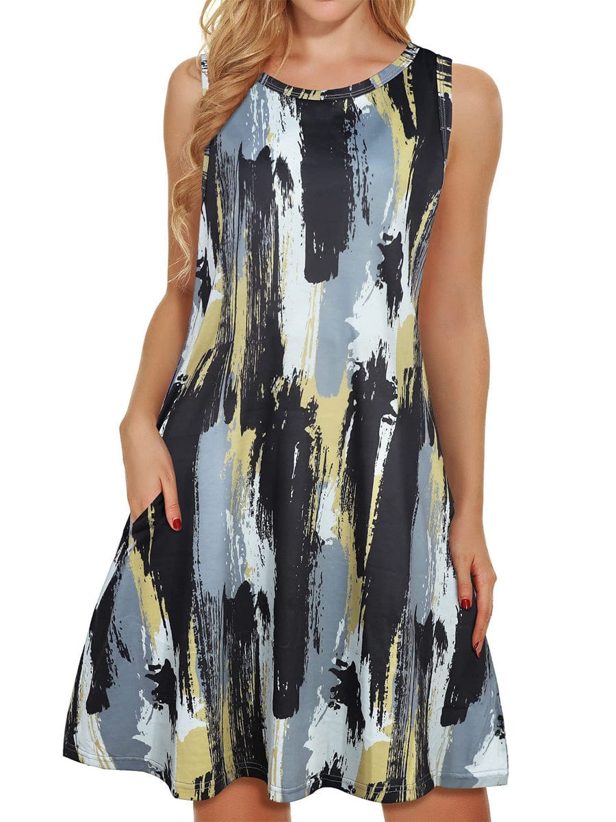 Comfortable Floral Print And Pockets Loose Fit Sleeveless Mini Dress - A-Line - Jewel DRE2308160370GRYS Gray / 2(S)