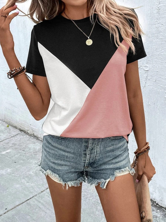 Contrast Color Stitching Loose Casual Round Neck T-Shirt TSH2305160165PINS Pink / 2 (S)