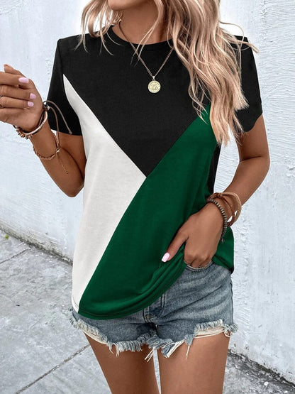 Contrast Color Stitching Loose Casual Round Neck T-Shirt TSH2305160165GRES Green / 2 (S)