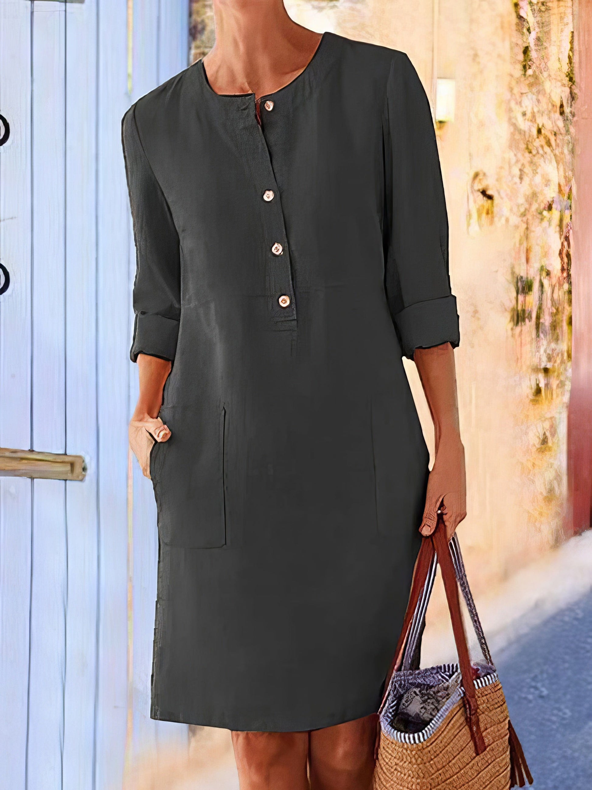 Cotton Linen Temperament Round Neck Long Sleeve Mini Dress DRE2301100008BLAS Black / 2 (S)