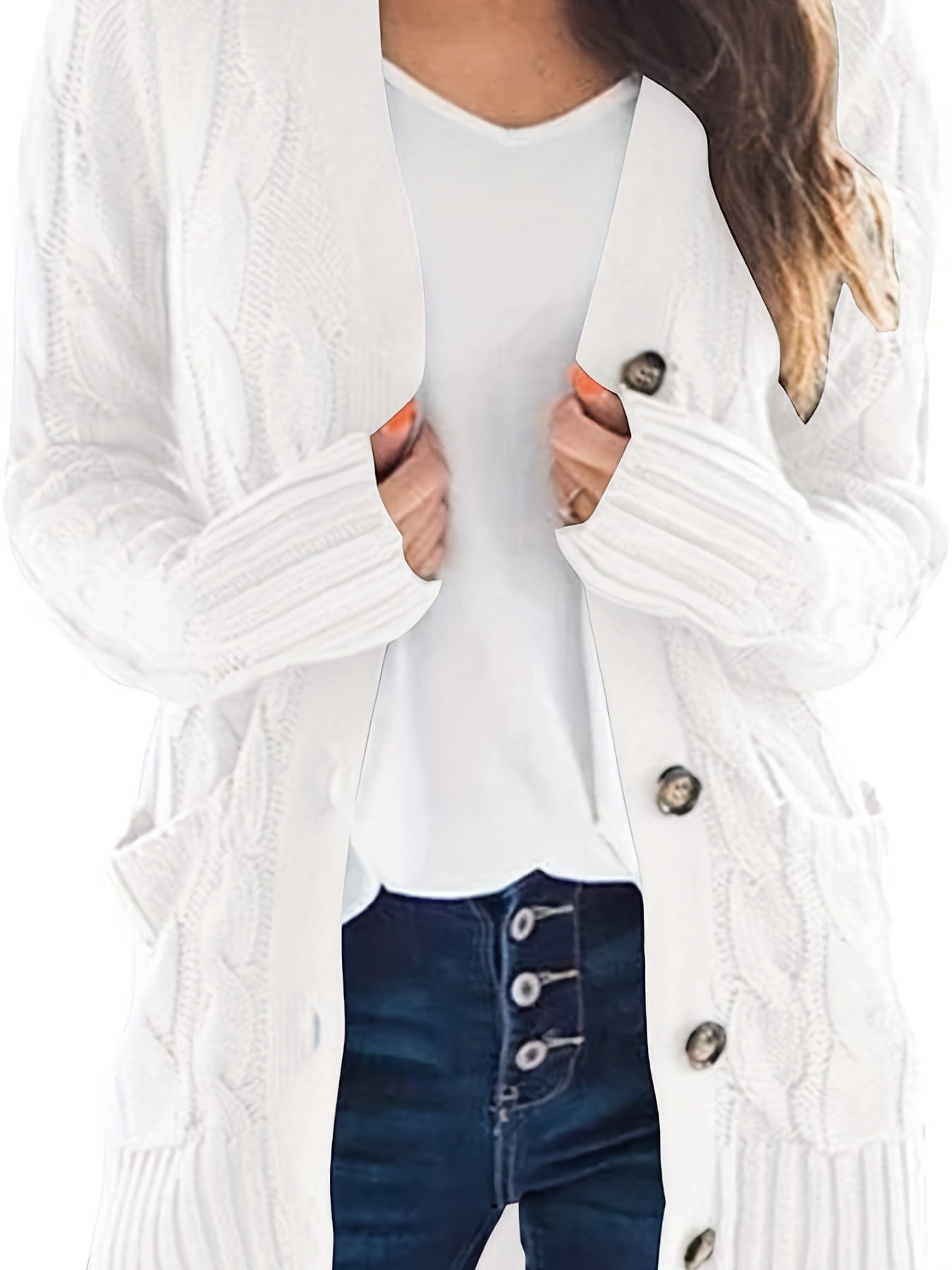 Cozy Cable Knit Button-Front Long Sleeve Cardigan CAR231012014WHIS(4) White / S(4)