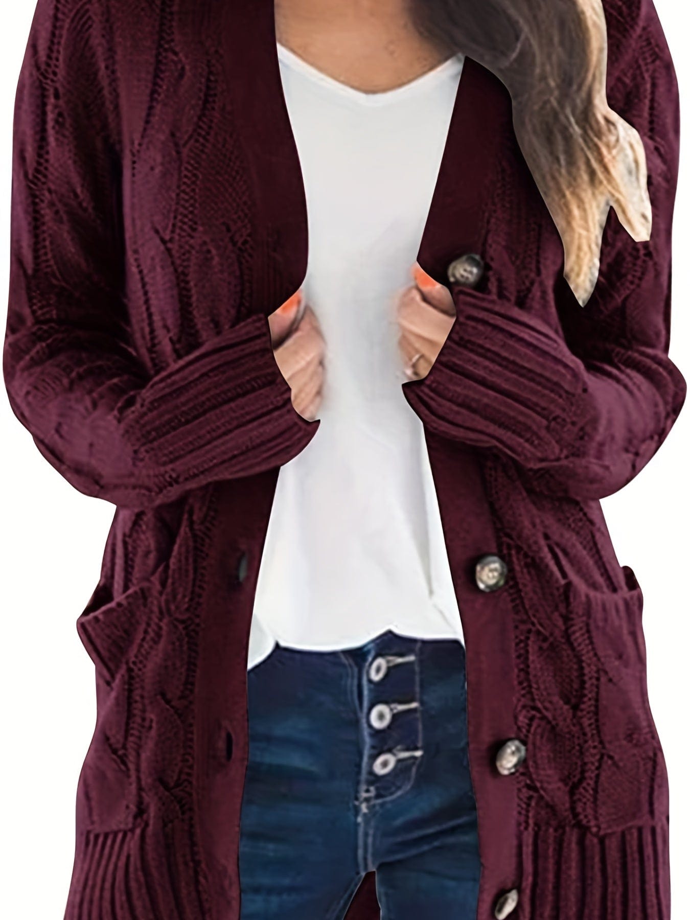 Cozy Cable Knit Button-Front Long Sleeve Cardigan CAR231012014DRDS(4) DarkRed / S(4)